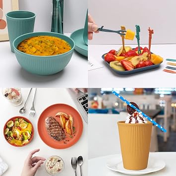 48pcs Unbreakable Dinnerware Sets for 4 People, Camping/Picnic Dinner Sets, Lightweight Colorful BBQ Plastic Serving Plates, Bowls, Cups,Cutlery Set, Forks,Tableware