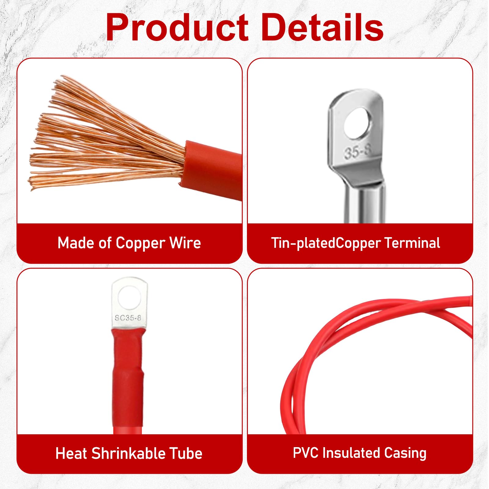 Lot de 2 câbles de batterie 35 mm²/2 AWG - En cuivre sans oxygène - Rouge et noir - 100 cm - Câble de batterie 12 V - Câble de batterie 35 mm² - Avec bornes à anneau M8 - 12 V - Pour voitures, motos