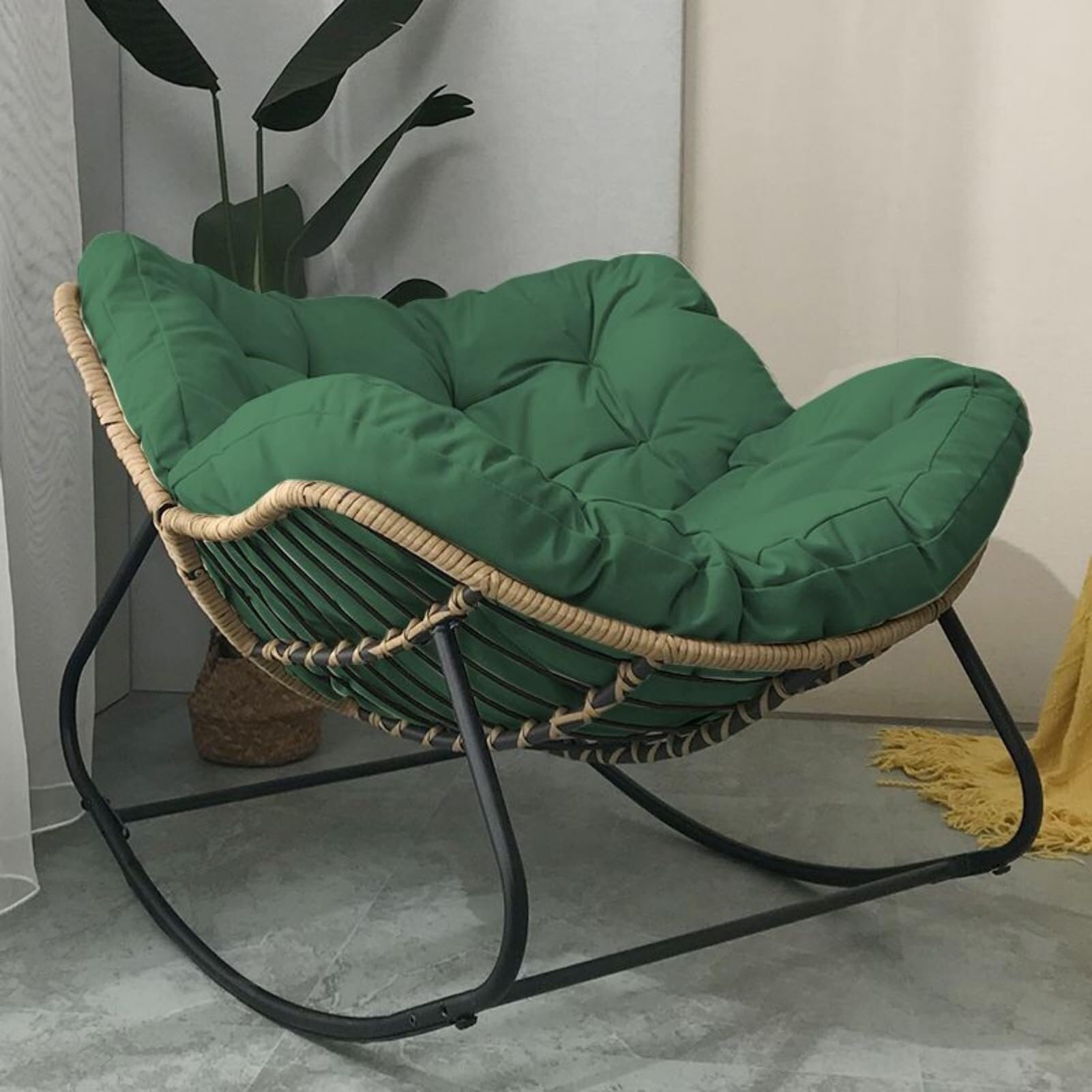 Genérico Mecedora de Patio para Exterior con cojín Acolchado, sillón de Mimbre de ratán Extragrande para Interior, Estructura de Metal, Soportes Grandes, Moderna Mecedora (Verde)