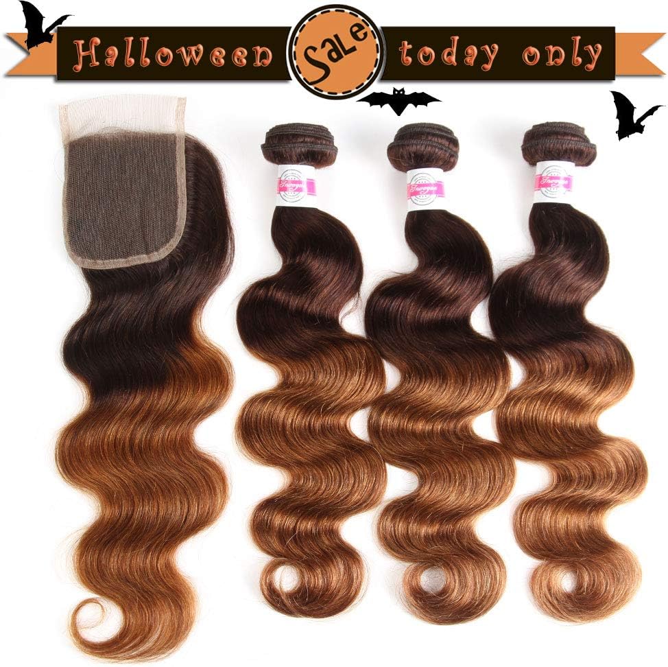 2 Tone Ombre Hair 3 Bundles With Closure Brazilian Virgin Hair Body Weft Human Hair Extensions T4/30 Medium Brown/Medium Auburn (20 22 24with18)