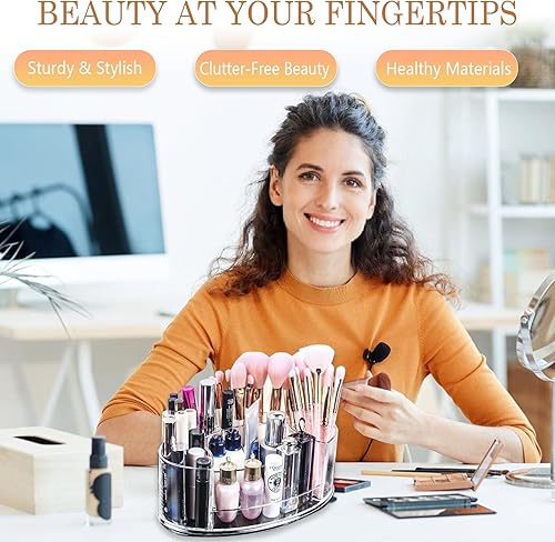 Miniatura 6 de Milnnie Organizador de maquillaje acrílico, soporte compacto de cosméticos de 9 x 5 pulgadas con almacenamiento de pinceles y lápiz labial, vitrina