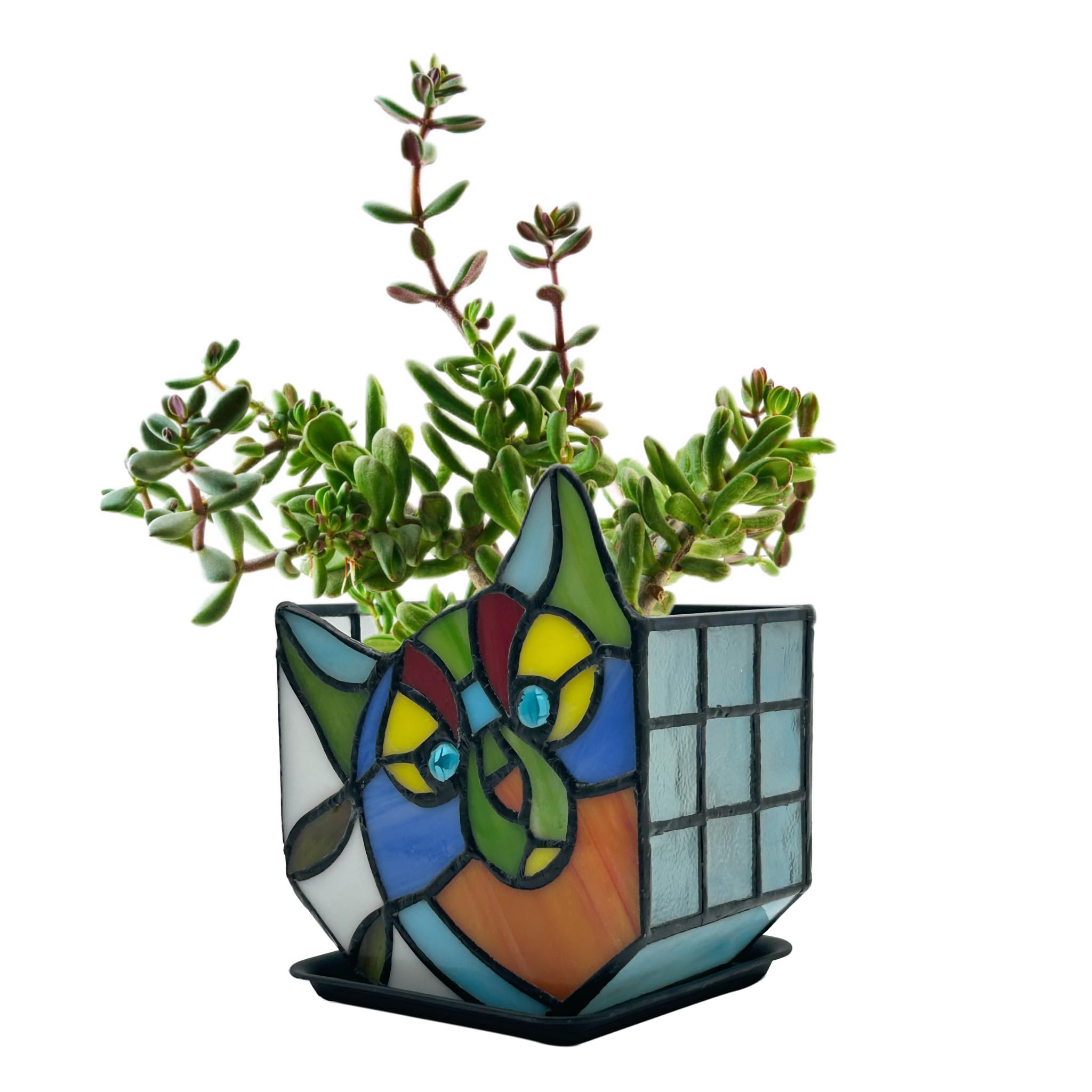 Entlityful Tiffany Style Cute Cat Flower Pot with Drainage, Unique Stained Glass Indoor Plant Planter, Tiltable Cat Decor, Plant Lover Gifts for Women