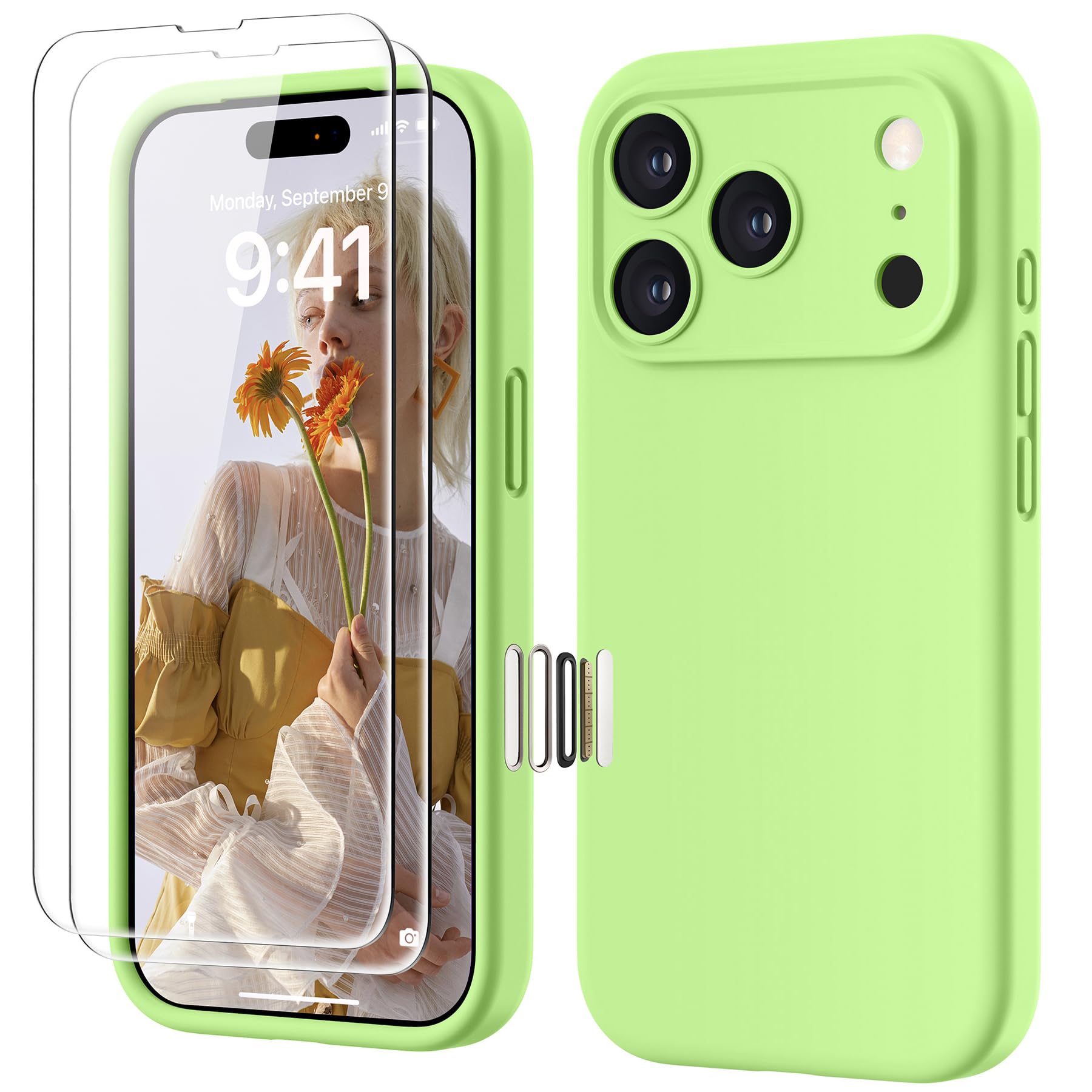 GOODVISH Silicone Cover per iPhone 17 Pro 6.3", Custodia con 2x Vetro Temperato [Pulsante Controllo Fotocamera] 360° Protezione Anticaduta Case per Cellulare Antiurto Resistente, Verde Primavera