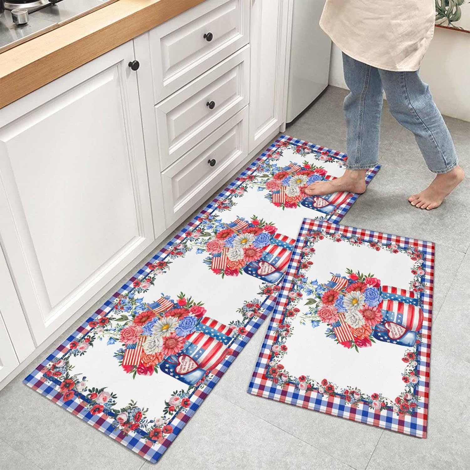 Teamery Kitchen Mats for Floor July 4th Watercolor Rose Flower Washable Non Slip Kitchen Rugs 2PCS, USA Blue Red Star Stripe Absorbent Standing Mats for Sink Bathroom Office 15.7x23.6in+15.7x47.2in