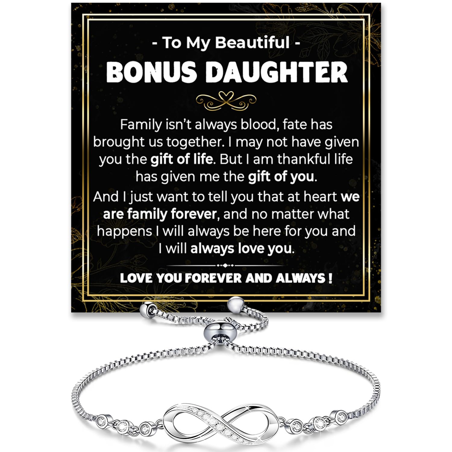 Chiside To My Bonus Daughter Bracelet, Step Daughter Infinity Heart Bracelet From Step Mom, Bonus Daughter's Jewelry Gift With Message Card And Box