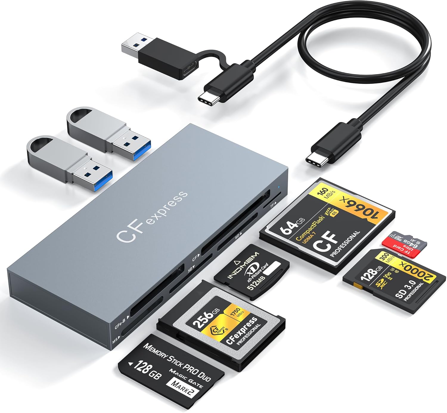 8-in-1 CFexpress Type B Card Reader USB-C&USB-A 3.2 Gen2 10Gbps [Aluminum Shell & Durable Cable] Multi Card Adapter for CFexpress Type B/CF/XD/MS/TF/SD Compatible with Windows/Mac/Linux/Android, Grey