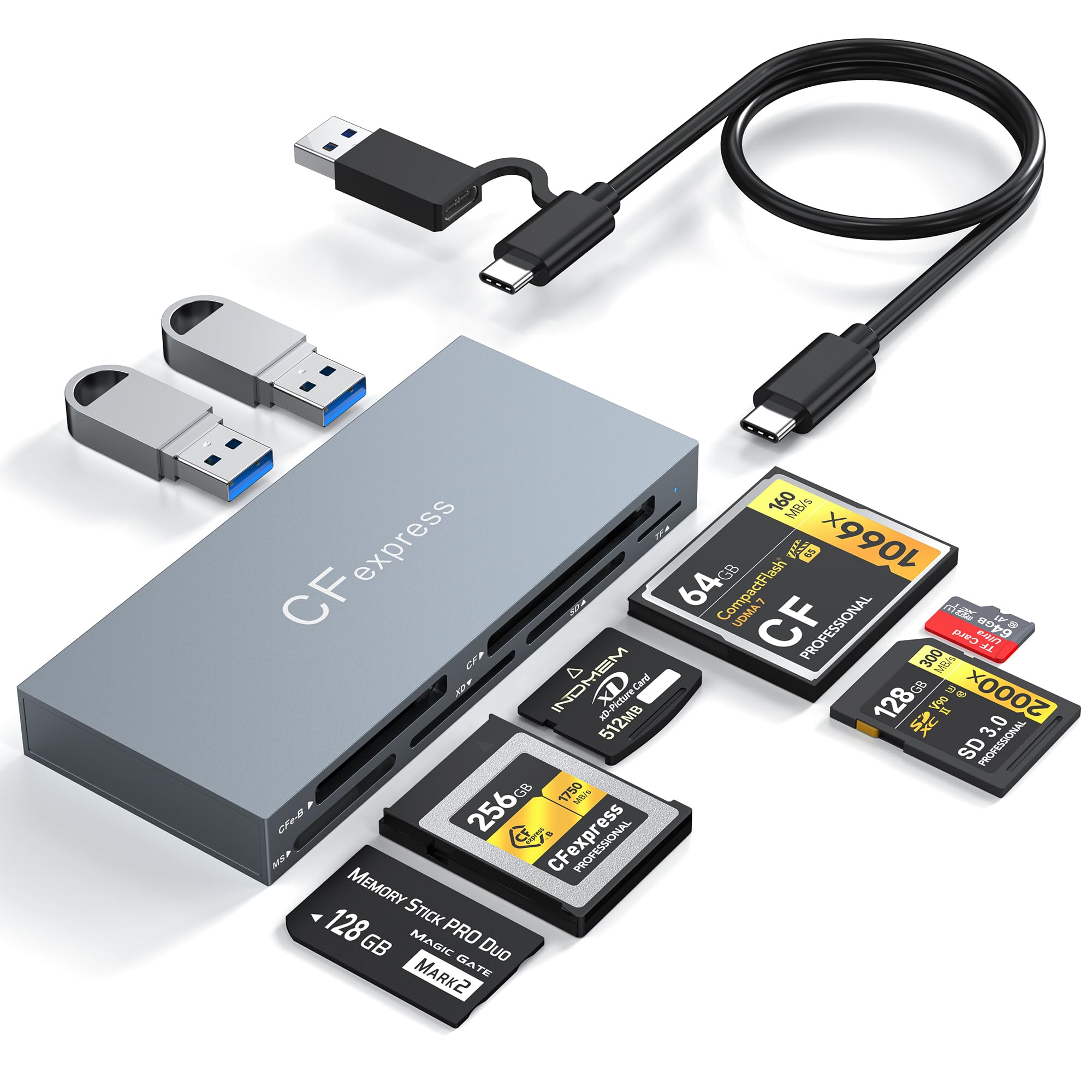8-en-1 Lecteur de Carte CFexpress Type B USB-C & USB-A 3.2 Gen 2 10Gbps Adaptateur de Cartes Multiples pour CFe B/CF/XD/MS/TF/SD Compatible avec Windows/Mac/Linux/Android, Shell en Aluminium, Gris