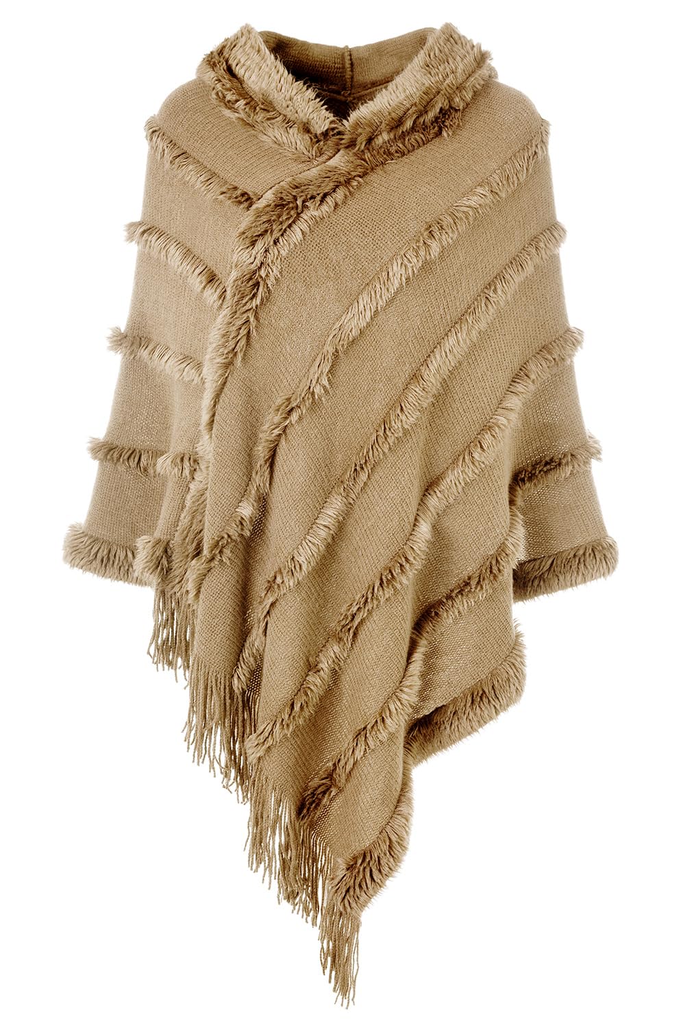 Ferand Ponchos for Women Fuzzy Knitted Shawl with Fringe Cozy and Striped Poncho Sweater for Fall and Winter