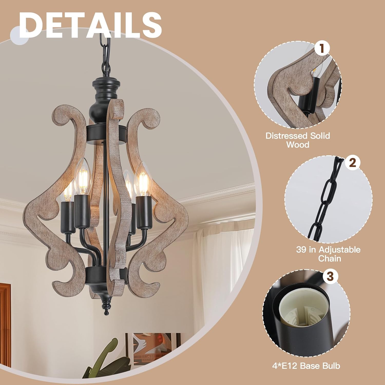 4-Light Rustic Chandeliers for Dining Room, Farmhouse Distressed Wood & Black Metal Pendant Light Fixture, Adjustable Height Vintage Ceiling Light for Kitchen Island, Entryway, Bedroom