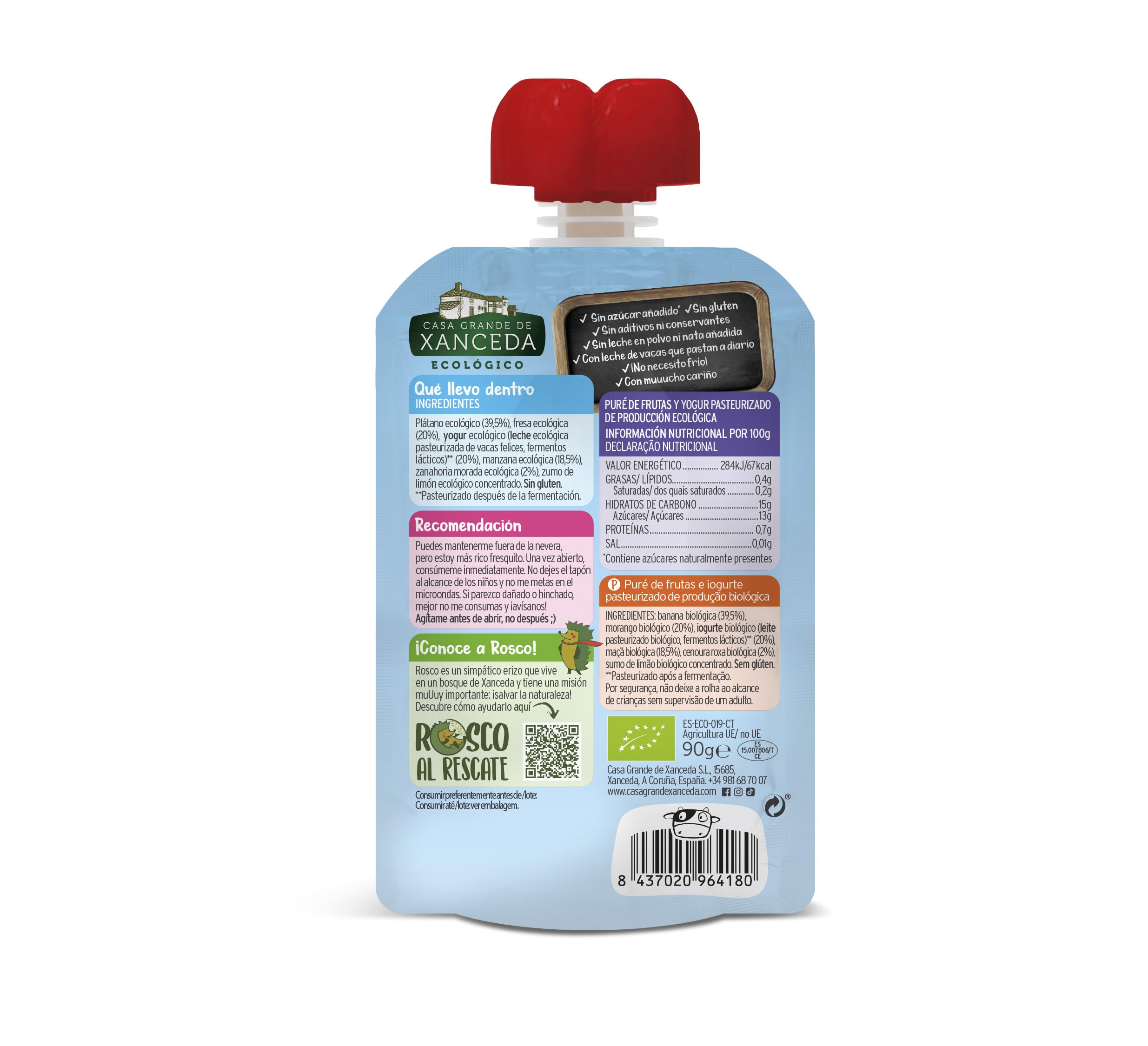 Casa Grande de Xanceda Yogur ecológico con fresas y plátano Pack 14 x 90g
