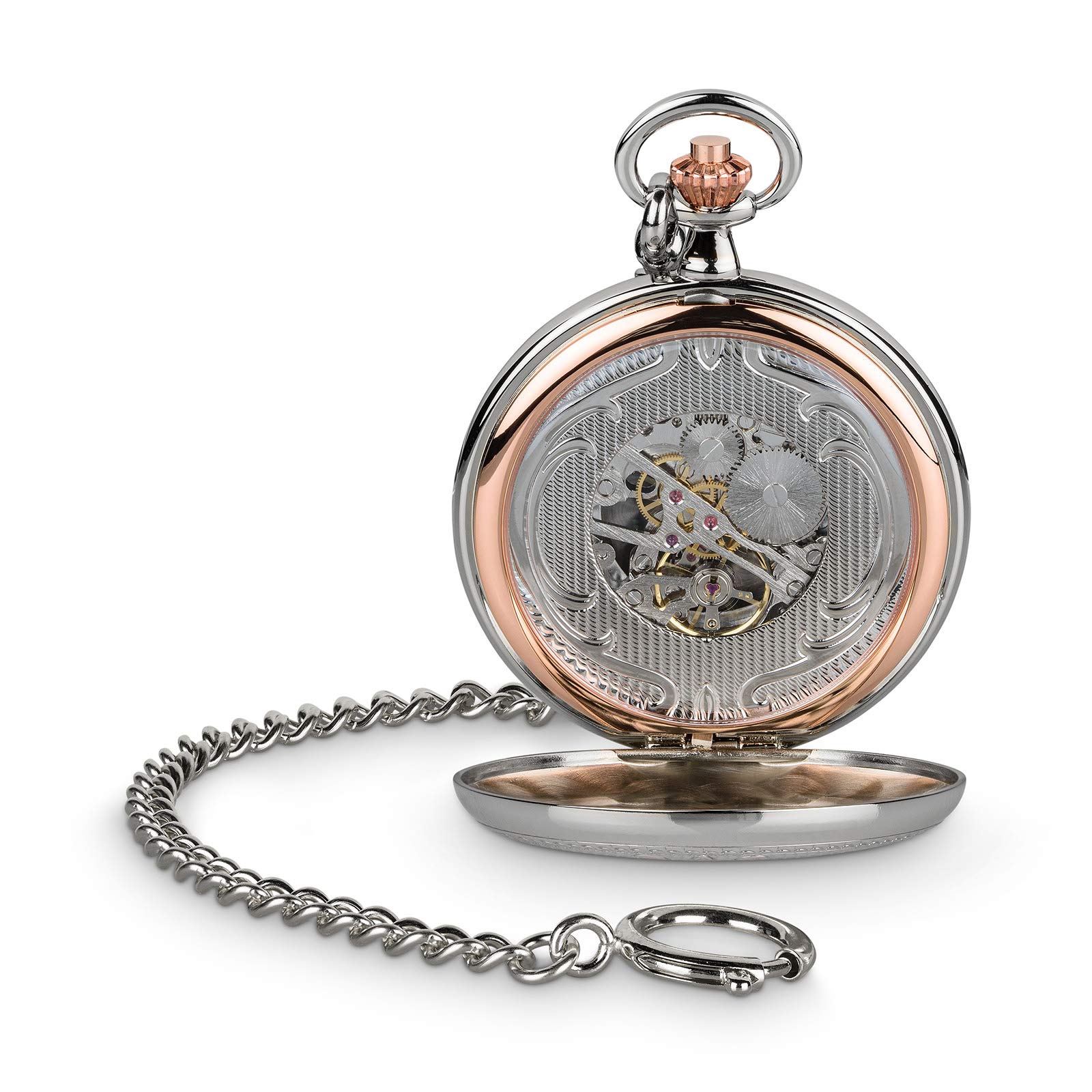 Hermann Jäckle Herren Taschenuhr Lindau Skelett Bicolor 50 mm | Bicolor Silber/Rosé, Handaufzugswerk, Double Hunter Gehäuse, inklusive Kette und Reiseetui