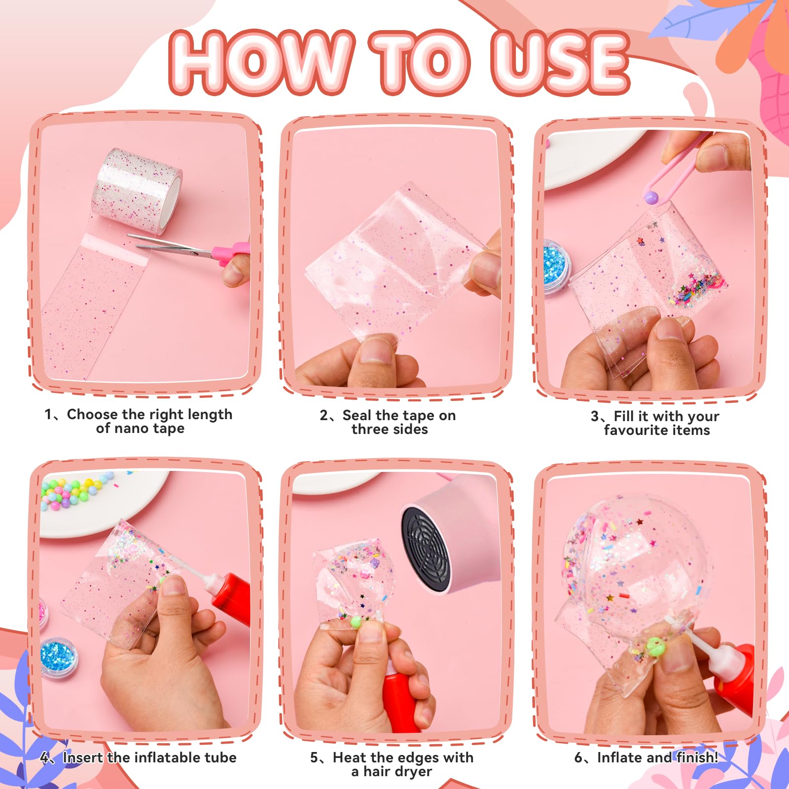 Nano Tape Bubbles, zestaw 65 sztuk, nano taśma dla dzieci z cekinami, zestaw do robienia baniek, zestaw "zrób to sam" dla dziewcząt, chłopców