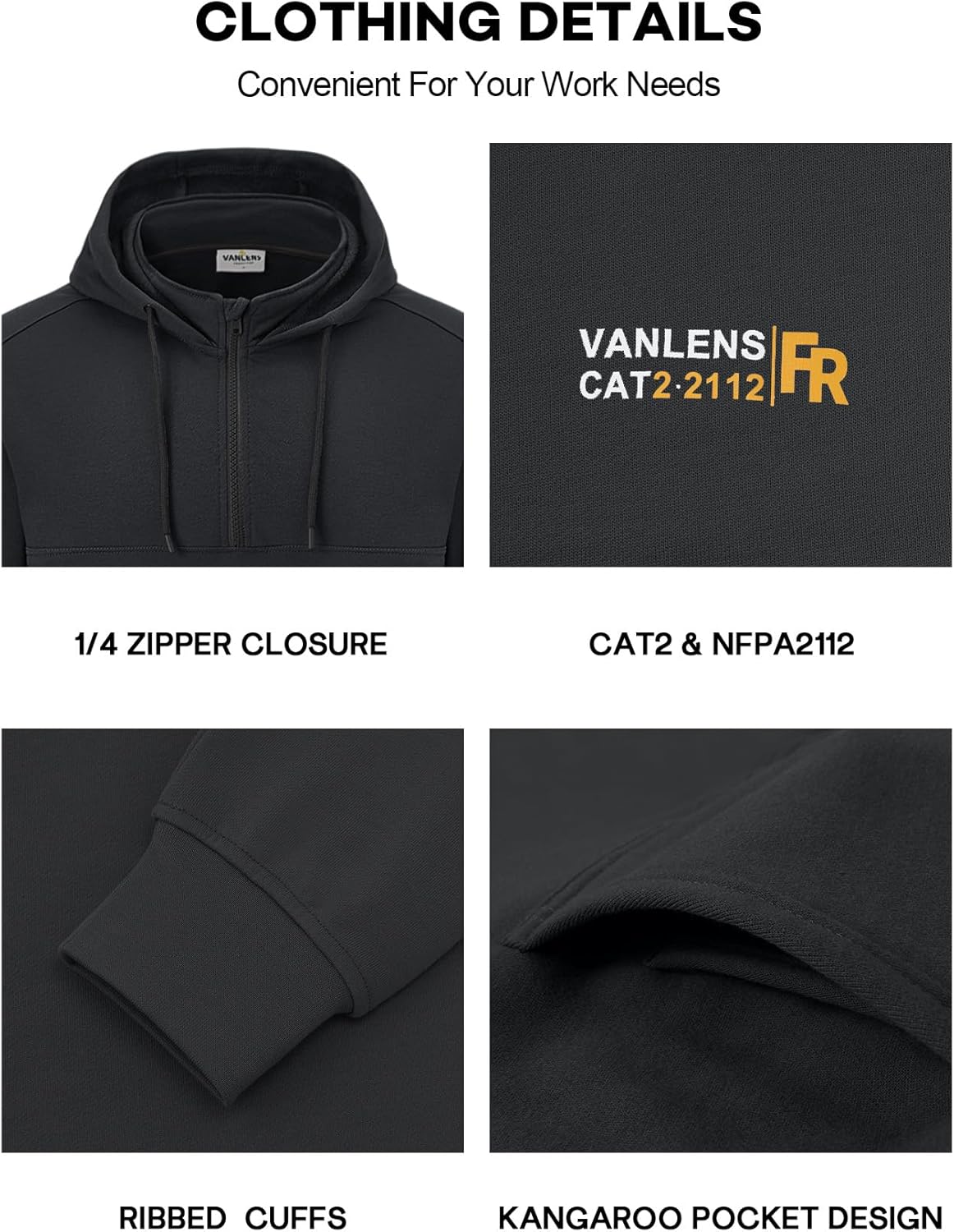 FR Hoodies for Men 10.5oz Quarter-Zip Heavyweight FR Sweatshirt Men's Flame Resistant Hoodies - Image 3