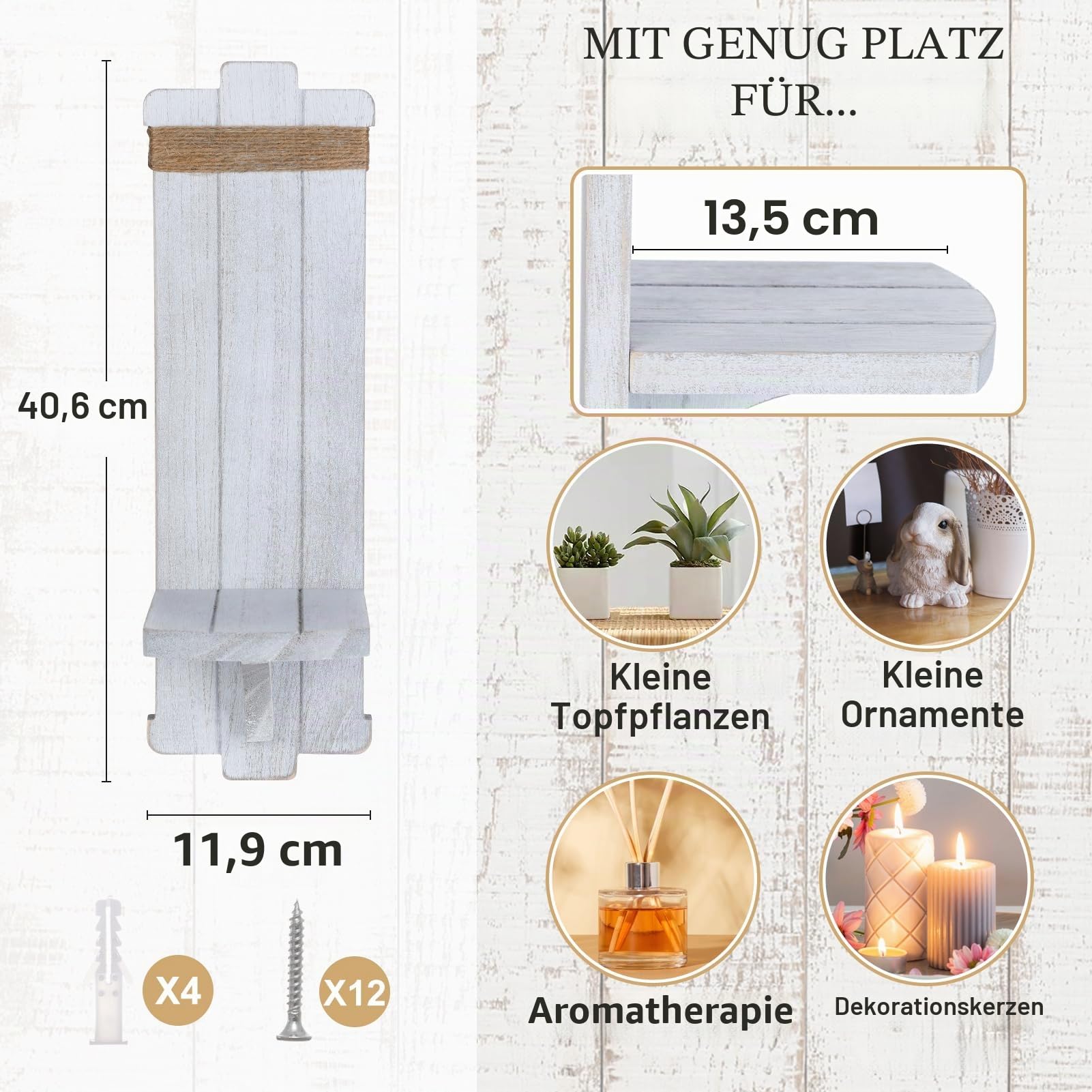 Alphatool Wandleuchter im Bauernhaus-Stil – nordischer Stil, handgefertigt, Holz, Wandhalterung, Kerzenhalter, rustikale hängende Wandleuchten für Schlafzimmer, Wohnzimmer, Küche, Badezimmer, weiß,