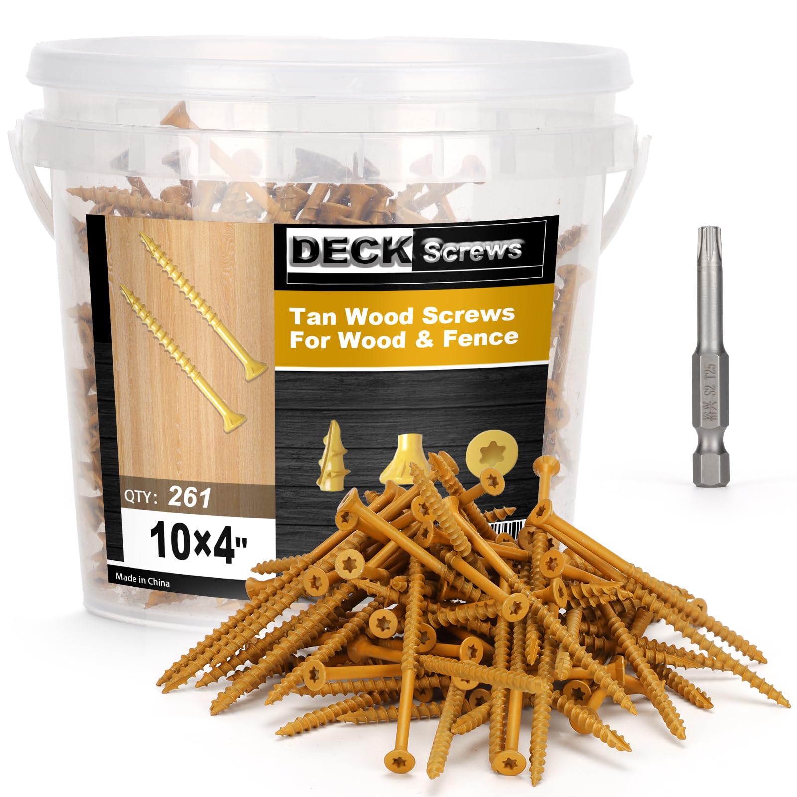 Tornillos de cubierta #10 x 4 pulgadas, T25 Star Torx Drive Tornillos de madera de cabeza plana, bronceado, 5 libras