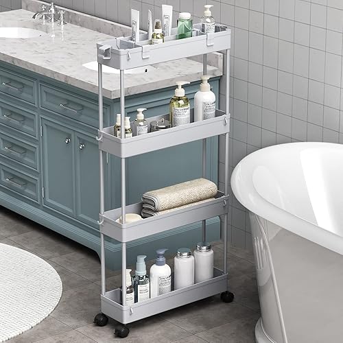 Miniatura 8 de SAKA - Carrito de almacenamiento delgado, carrito de almacenamiento rodante para el baño de 4 niveles, carrito organizador móvil de estanterías para