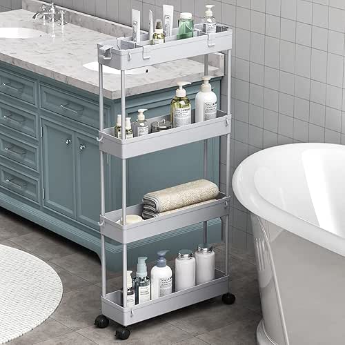 SPACELEAD Slim Storage Cart 4 Tier,Bathroom Organizer Rolling Utility,Mobile Shelving
