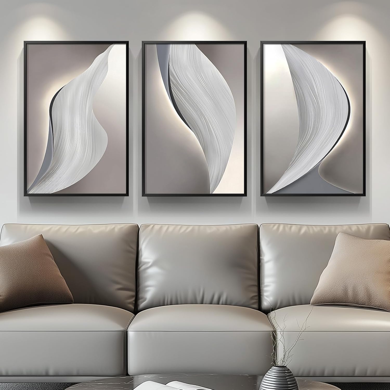 Framed Modern Gray Abstract Wall Art for Living Room, Set of 3 Piece Black and White Canvas Painting Prints, Beige Picture Artworks for Dining Room Bedroom Hallway Home Office Wall Decor, 20x30 Inch 30" H x 20" W x 3Pcs
