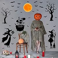 Vista 7 de Calcomanías de Halloween para ventana, calcomanías de brujas negras, calcomanías de pared de Halloween, murciélagos de árbol negro, murales de arte