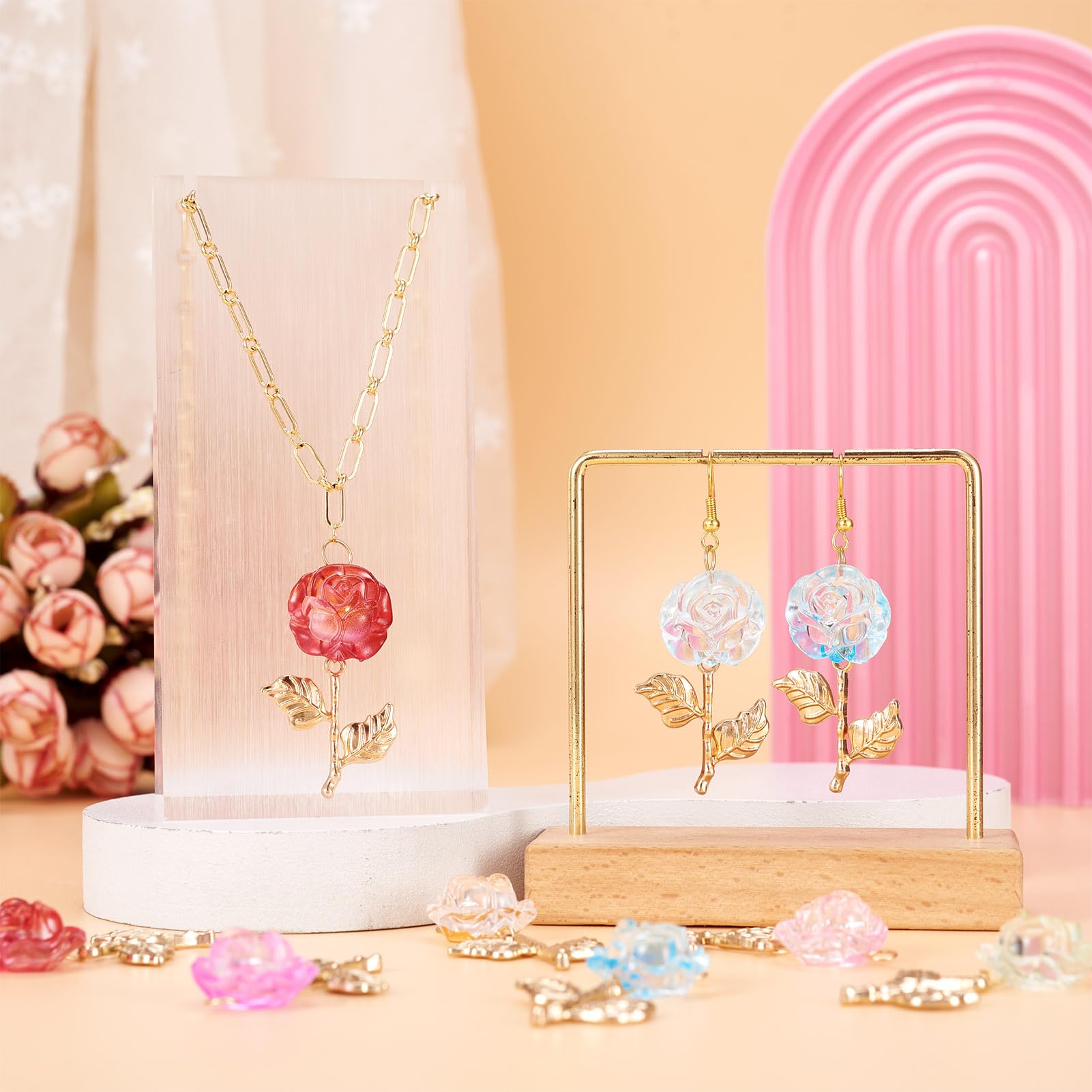 Crafans 16Pcs Rose Charms Transparent Colorful Acrylic & Alloy Flower Pendants Colorful Rosary with Golden Leaf Blossom Charms for DIY Necklace Earring Jewelry Making - Image 2