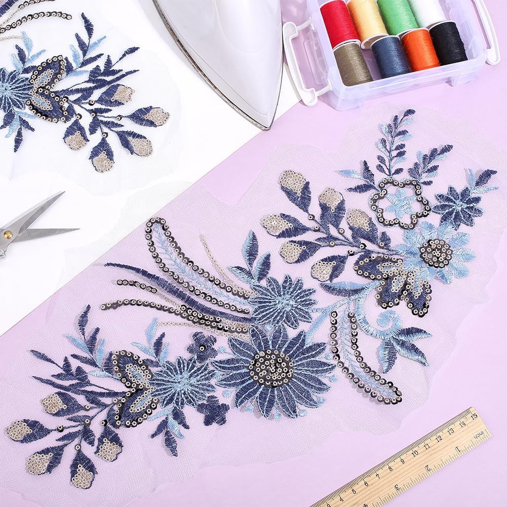 2 Pairs Sequins Flower Lace Embroidered Applique Blue Flowers Patch Embroidered Appliques Fabric Craft Decoration Patches for Sewing DIY Hats Dress Jeans Clothes Sofa Bags Sweater Wedding