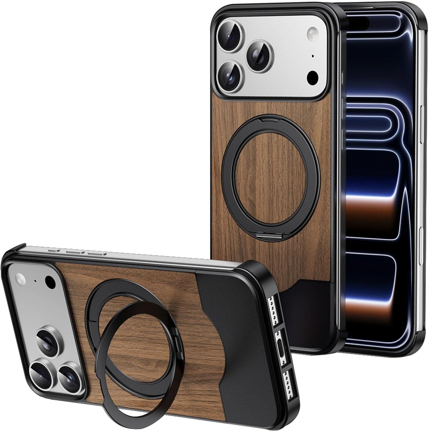 Magnetic Frameless Case for iPhone 17/17 Air/17 Pro/17 Pro Max, Classic Wood Grain Design with Rotating Ring Stand, Slim Drop Protection Cover(Black,17 Pro)