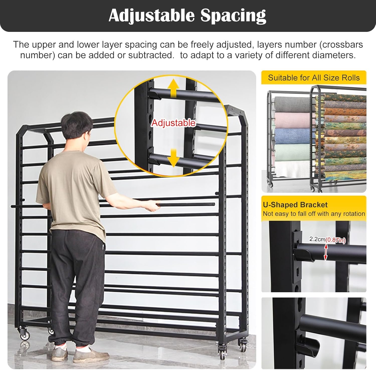 Large Fabric Roll Storage Rack with Adjustable Hanging Rod Commercial Heavy Duty Steel Organizer Holder Large Textile,Rolling Metal Fabric Display Rack with 20 Detachable Crossbars - Commerc