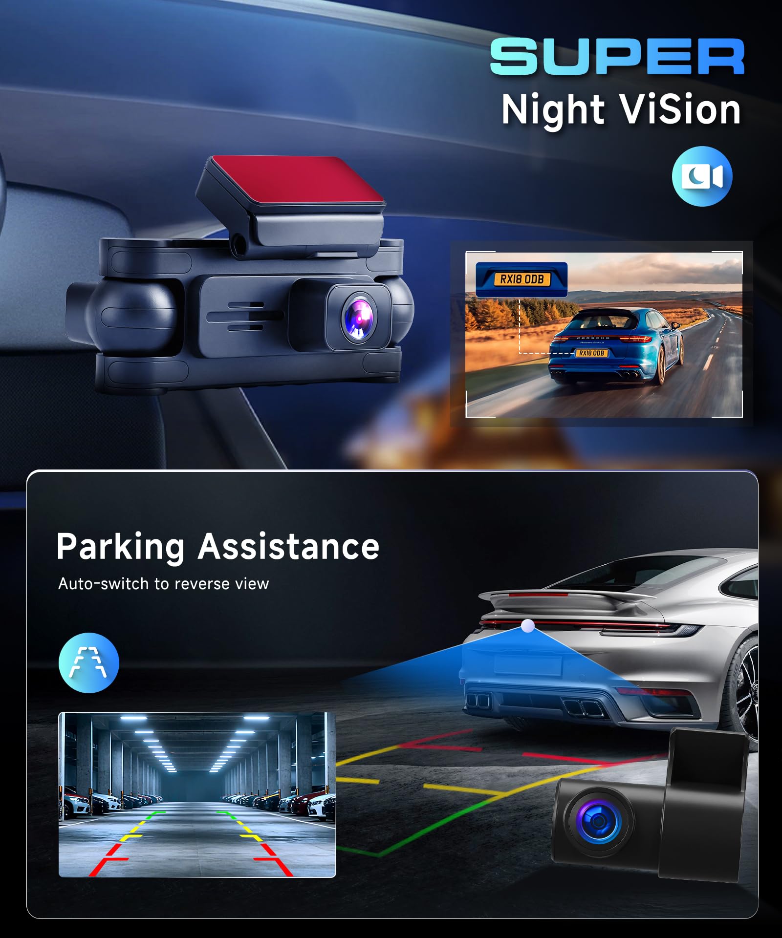 VECHTEL Cámara de salpicadero 2K para Coche, Delantera y Trasera, con WiFi, 1080P,4 cámaras de salpicadero con Pantalla IPS de 3 Pulgadas,GPS,visión Nocturna, Sensor G, protección de 360°,64 GB TF