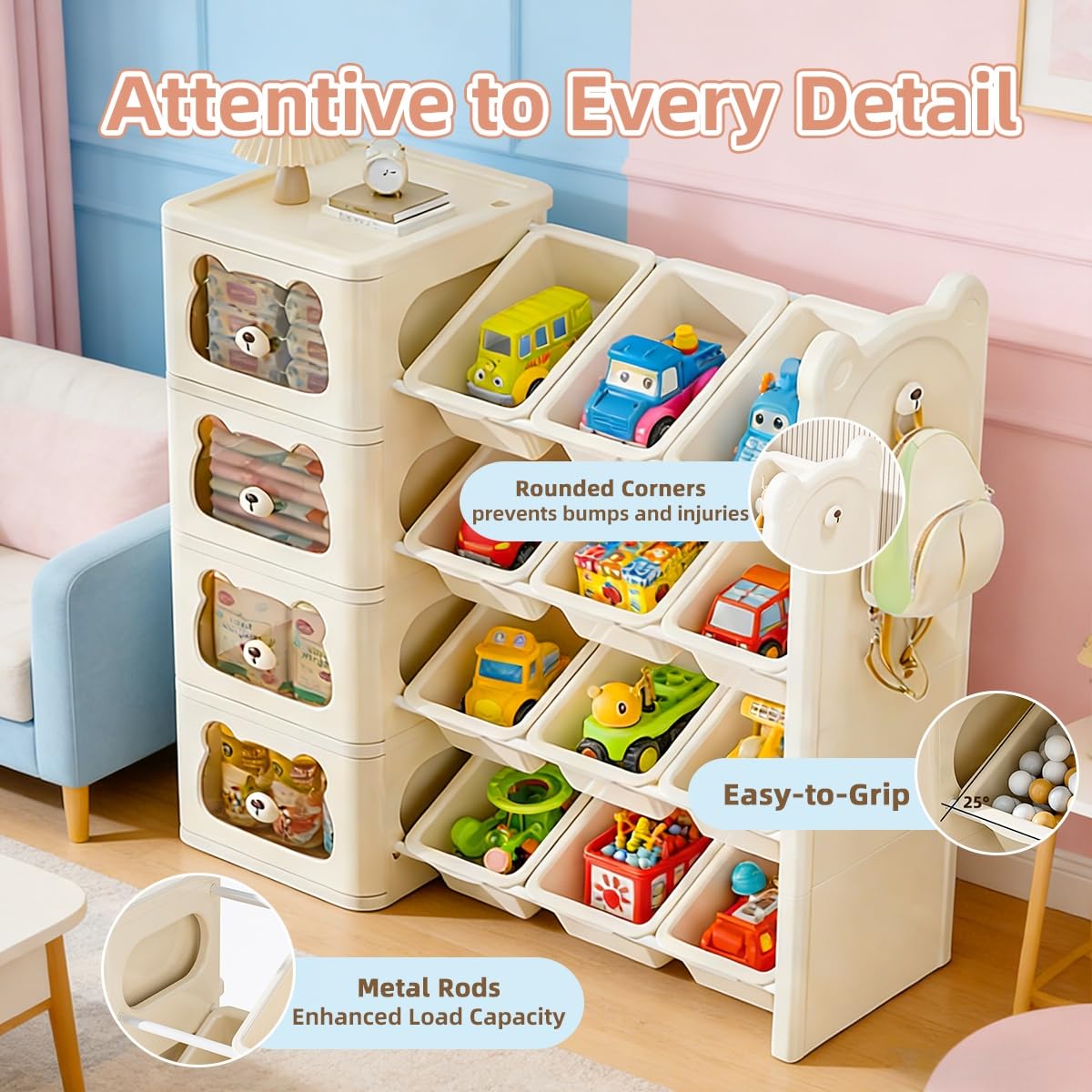 Toy Storage Organizer with 3 Drawers and 7 Bins, 3-Tier Bookshelf with Removable Storage Bins, Cute Bear Cartoon Design, Sturdy Organizer for Playroom, Nursery, Classroom