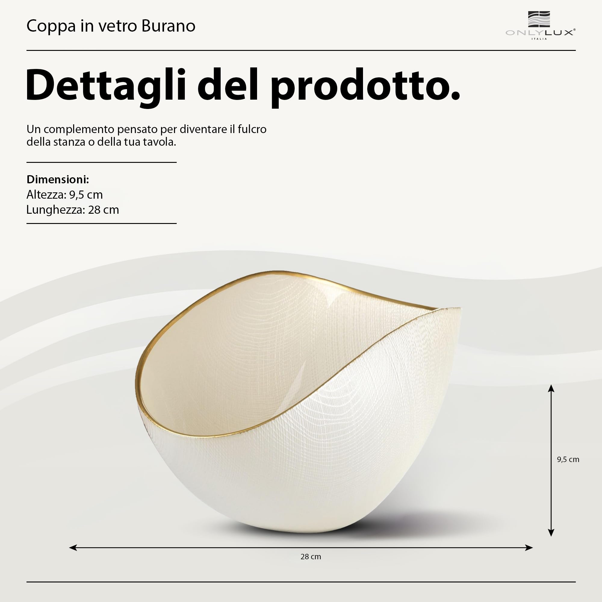 Onlylux Coppa Burano in Vetro Centrifugato Decorato a Mano - Centrotavola Decorativo 28 x 9,5 cm - Coppa in Vetro Artigianale per Arredo Casa - Bianco Perla Filo Oro