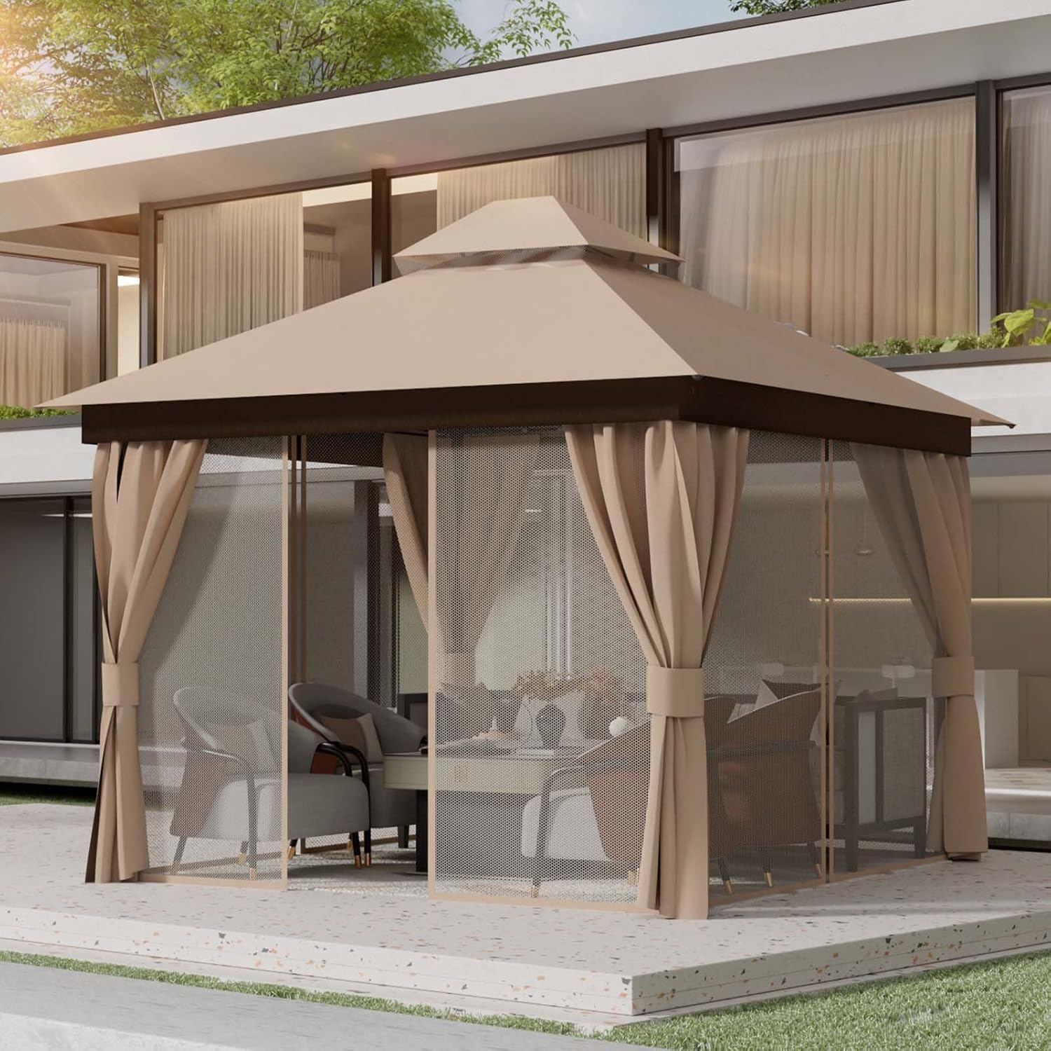 Outdoor Gazebo for Patio 10'x10' - Heavy Duty Steel Frame Canopy Party Tent Shelter with Double Roofs, Mosquito Net and Privacy Curtains for Backyard Garden Lawn (Khaki, 10x10) Khaki 10x10