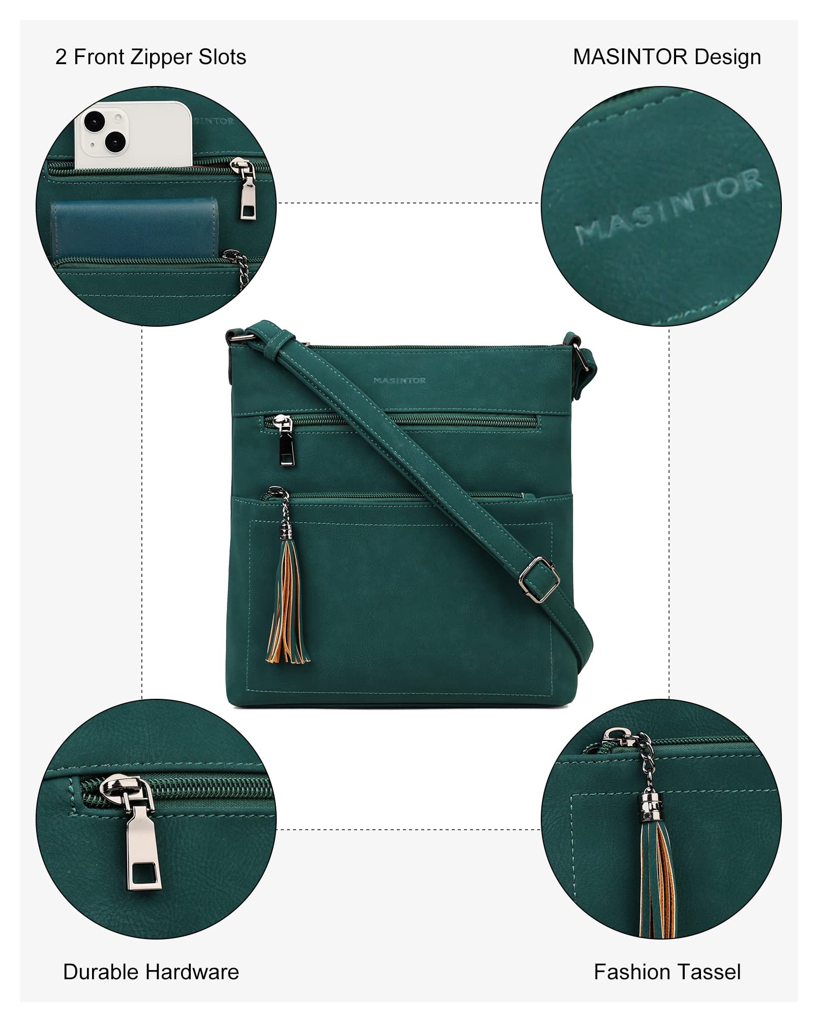 MASINTOR - Bolso bandolera para mujer, con varios bolsillos., Verde(Vintage