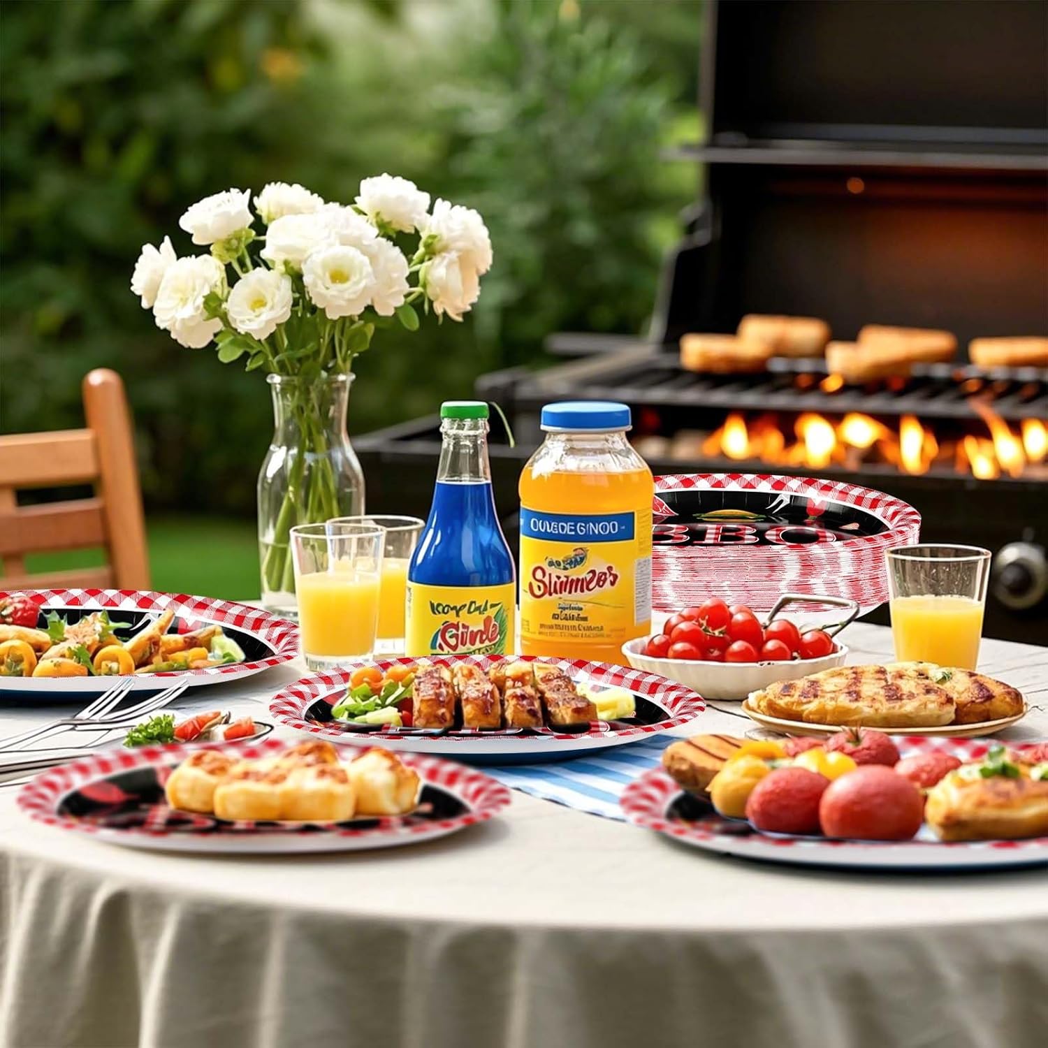 Grencian 50 Pcs BBQ Birthday Party Supplies 10" × 12" Large Red Gingham and Black BBQ Oval Paper Plates Disposable Heavy Duty BBQ Party Plates for Picnic Barbecue Baby Shower Birthday Decorations