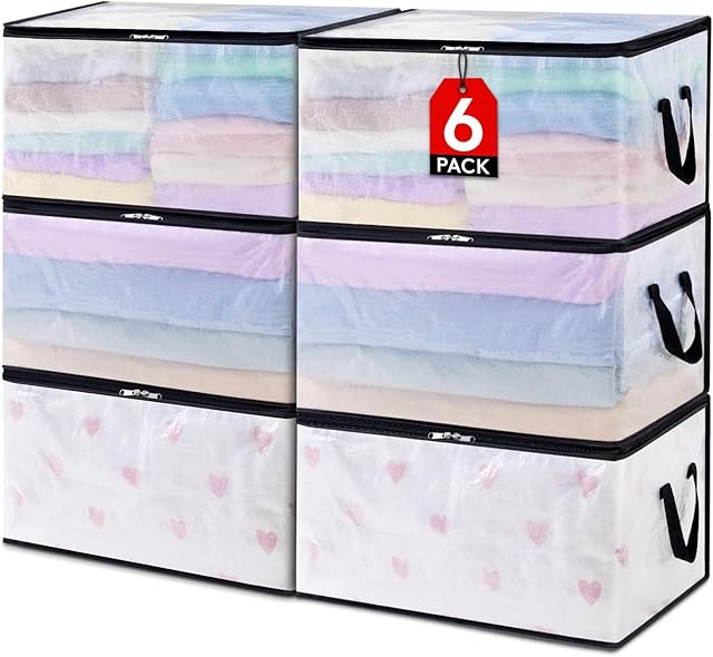 Lifewit 6 Pack Plastic Clothes Storage Bags, 60L Foldable Storage Containers Closet Organizers and Storage Moving Bags with Sturdy Zipper Lids Reinforced Handle for Bedding, Blanket, Comforter