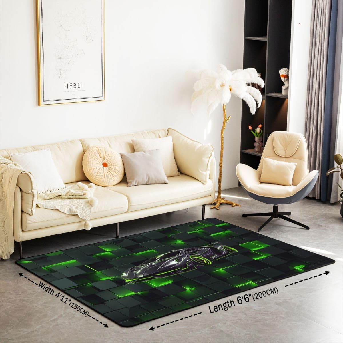 Erosebridal Green Neon Grid Area Rug Cool Racing Car Rug 6'6" x 4'11" for Boys Men Teens Geometric Plaid Decorative Washable Carpet Sports Gaming Indoor Floor Mat image 2