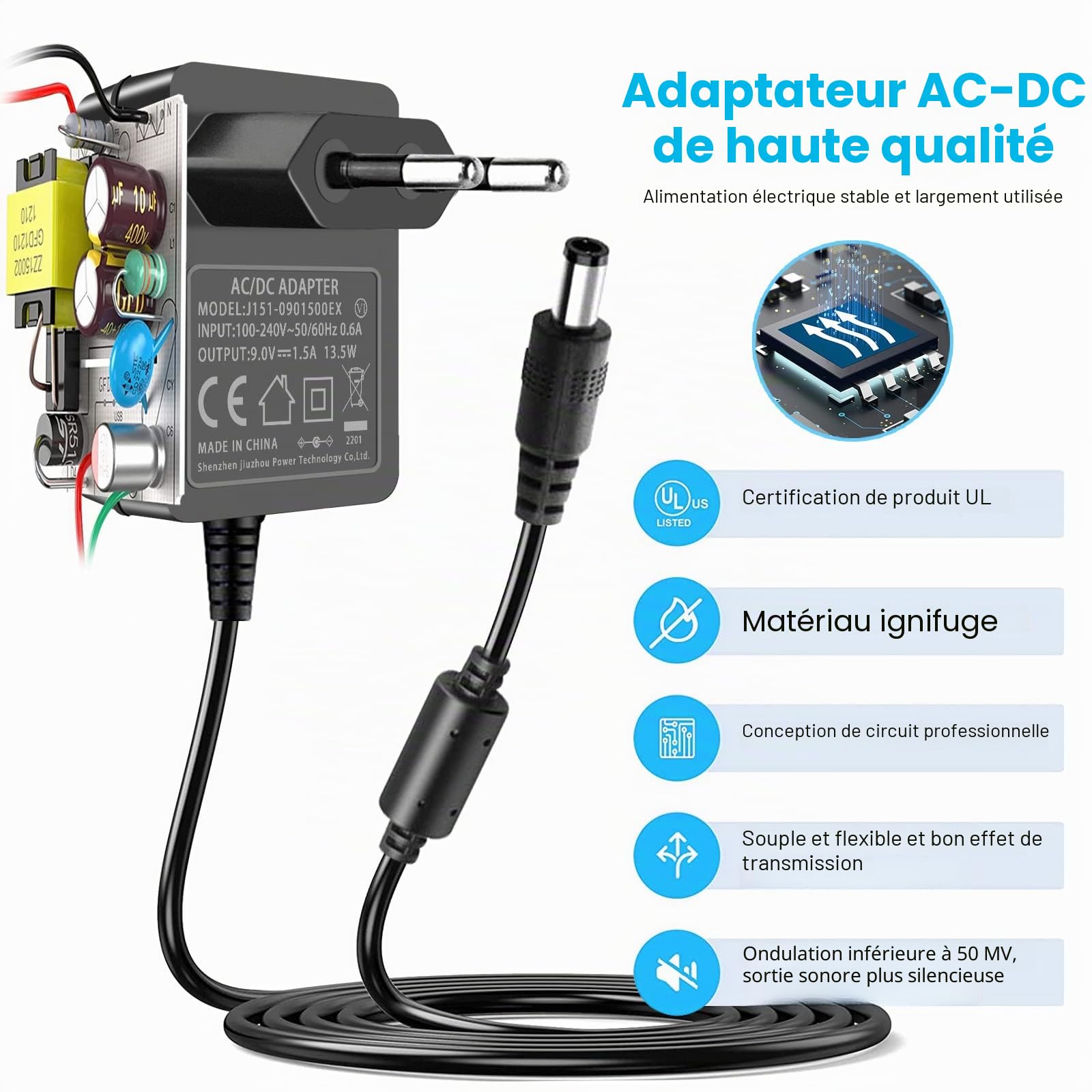 Alimentation pour Pédale de Guitare 9V 1,5A 9 V 1 A AC DC Adaptateur, avec Câble de Chaîne en Guirlande 5 Voies Central Négatif pour Clavier Casio pour Pédale d'effet Guitare Boss.