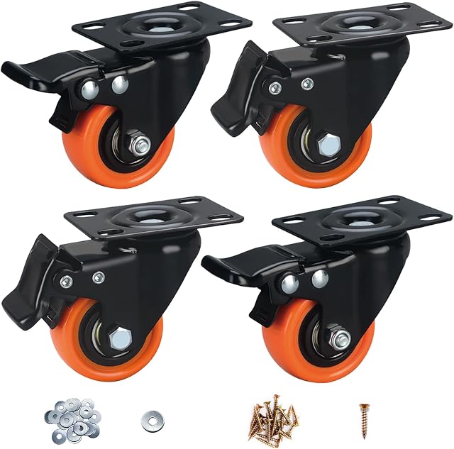 Roues à roulettes, 2 Ensemble de roulettes de pouce 4 Lourds - Roues de Roue avec Frein, Roues en polyuréthane orange pivotant, Roulettes de verrouillage pour meubles et paniers