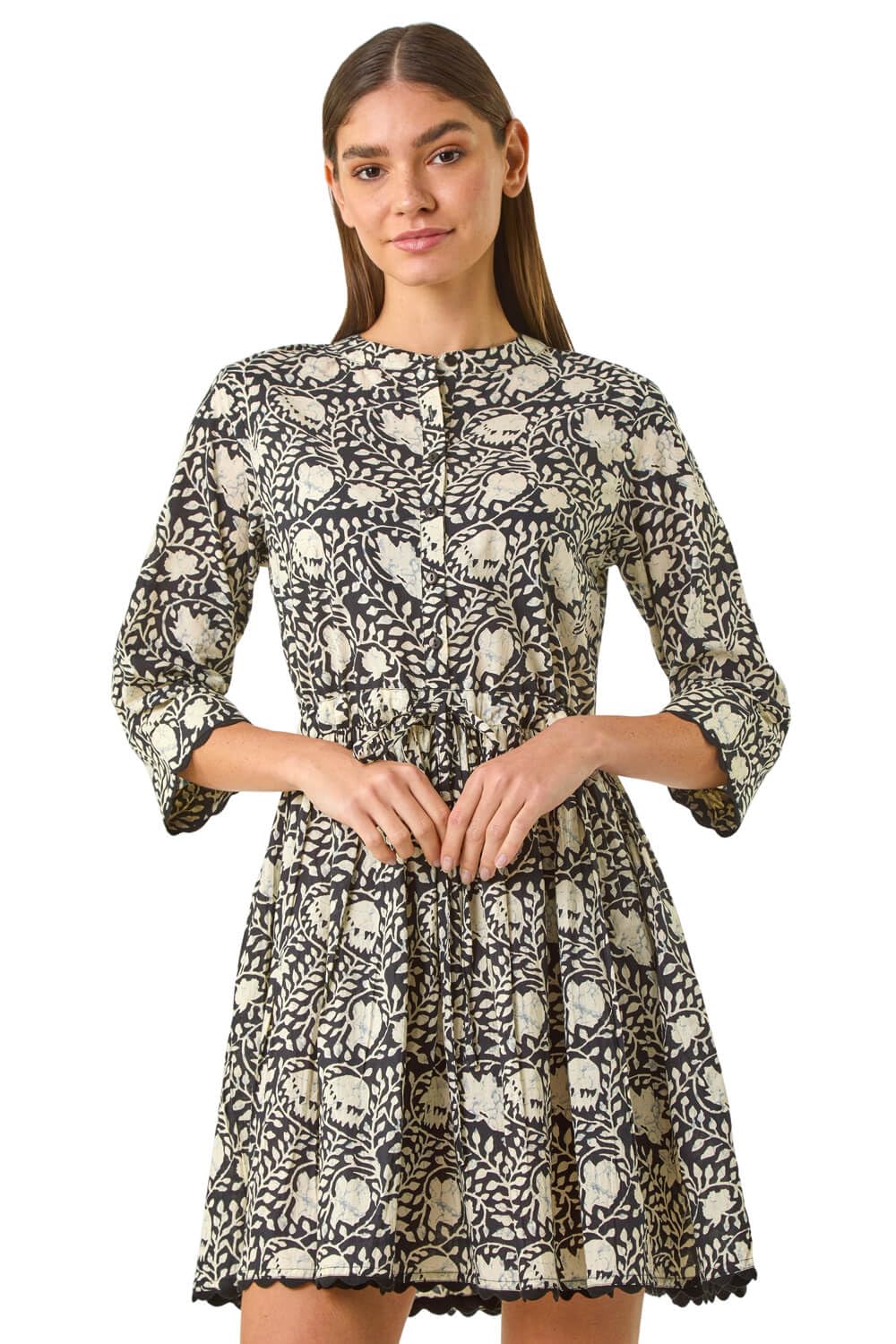 Roman Originals Floral Button Smock Dress for Women UK - Ladies Everyday Holiday Spring Summer Notch Neckline Comfy Soft Evening Vacation Work Party - Black - Size 18