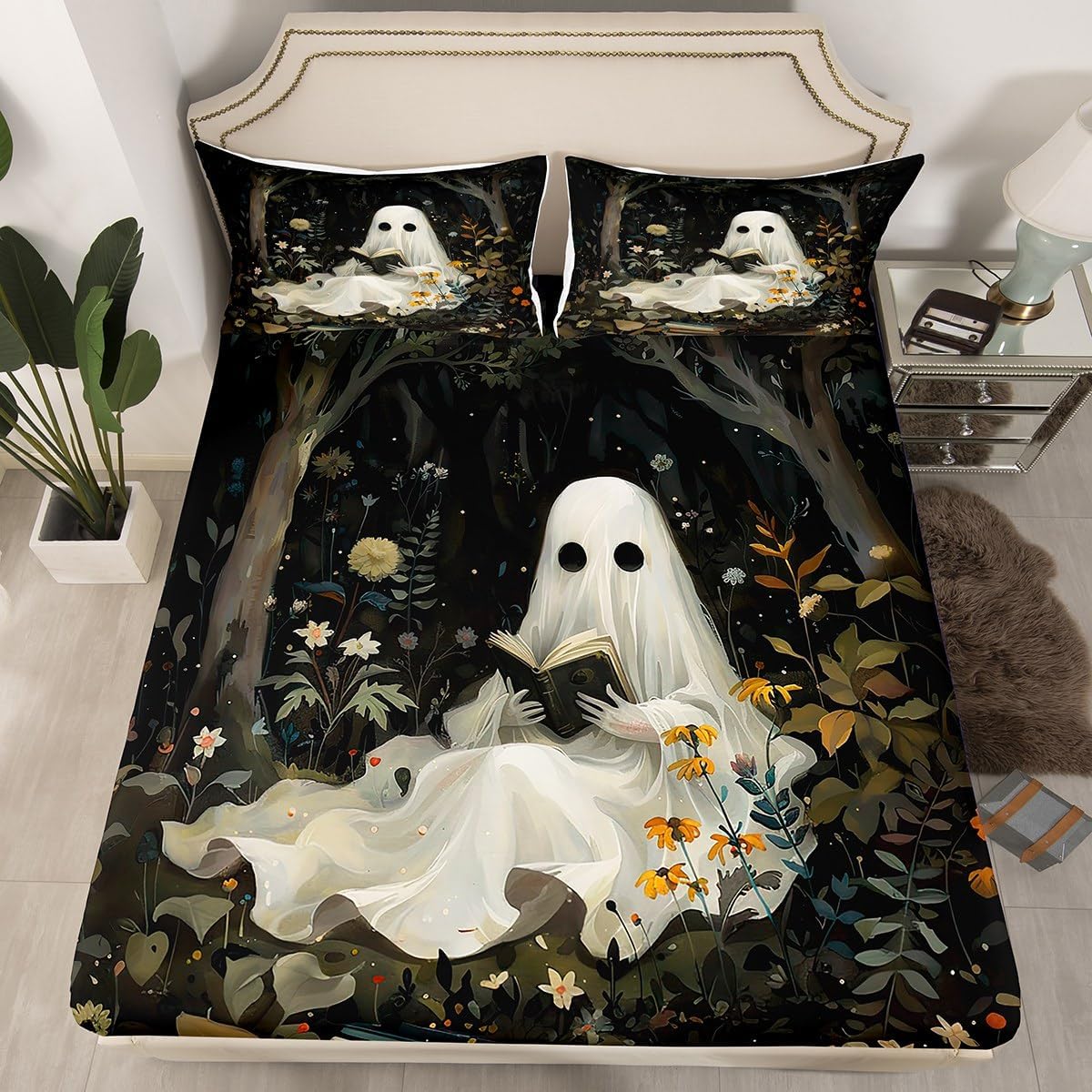 Reading Ghost Fitted Sheet Queen Size,Vintage Farmhouse Style Sheet Set(No Top Sheet),Boys Girls Halloween Theme Bedding Sets(1 Fitted Sheet+2 Pillow Cases),Gohtic Flowers Leaves Bed Cover
