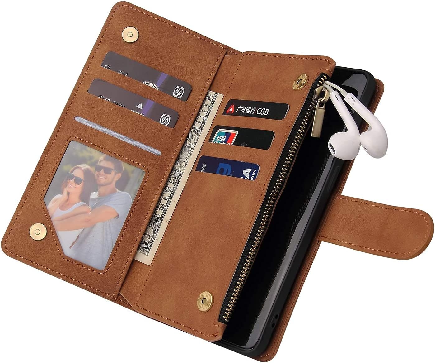 LBYZCASE Phone Case for Galaxy Z Fold 3 5G(2021),Galaxy Z Fold 3 Wallet Case,Luxury Folio Flip Leather Cover[Zipper Pocket][Wrist Strap][Kickstand] for Samsung Galaxy Z Fold 3 5G (Brown)