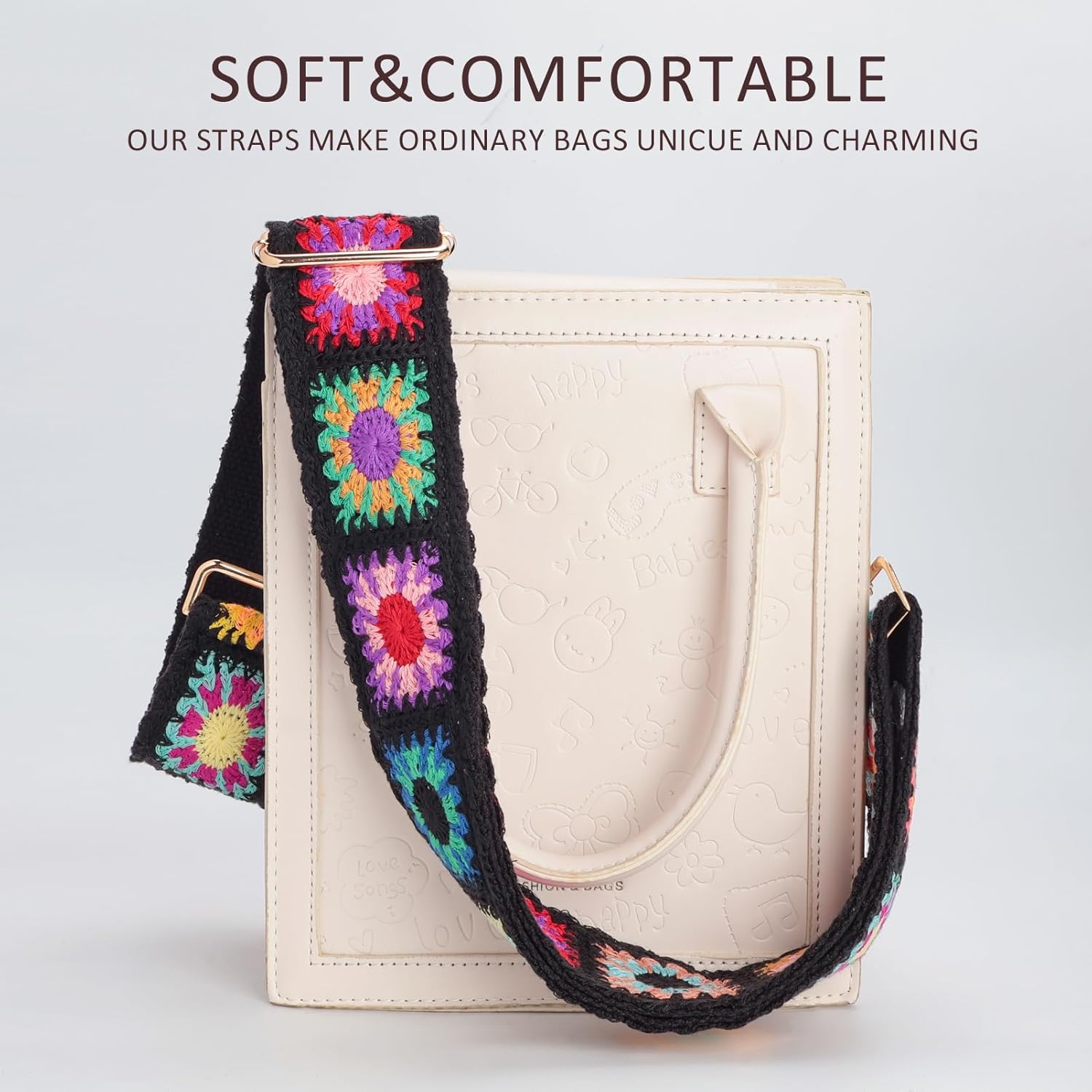 Snycler Wide Purse Straps Crochet Flower Replacement Crossbody for Handbag Adjustable 33-53inch Embroidery Knit Guitar Shoulder Strap (boho3-black) - Image 5