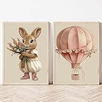 Vista 1 de Lienzo de globo aerostático para pared, diseño de conejito estético rosa, acuarela, cuarto de bebé, arte de pared de gato, conejo con flores