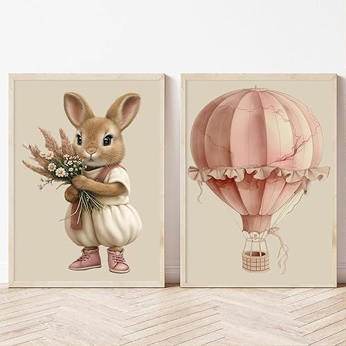 Lienzo de globo aerostático para pared, diseño de conejito estético rosa, acuarela, cuarto de bebé, arte de pared de gato, conejo con flores,