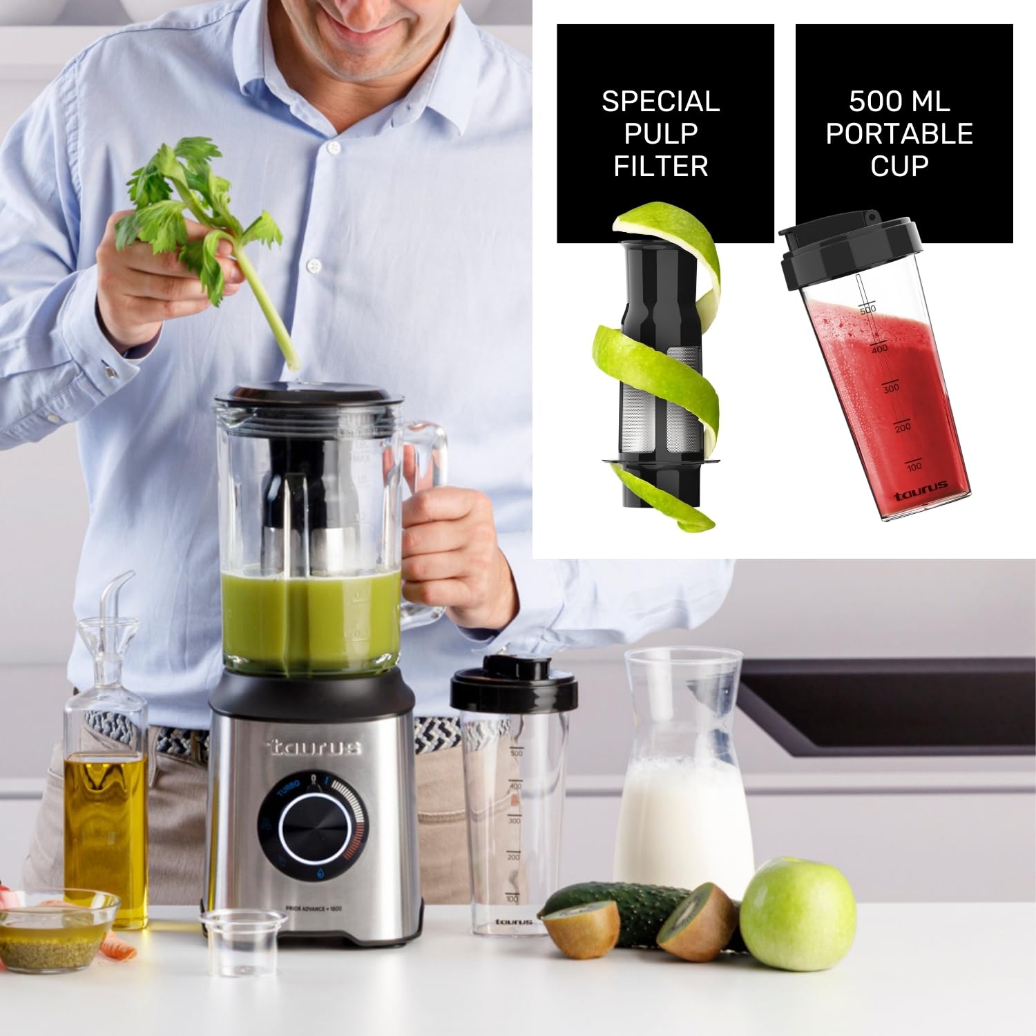 Taurus - Batidora de Vaso Prior 1800W, 20 Velocidades, Turbo + 4 Funciones, Pica Hielo, Smoothie, 6 Cuchillas, Filtro Antipulpa, Vaso Portátil, Apta Lavavajillas, Libre de BPA, Negro/Metálico