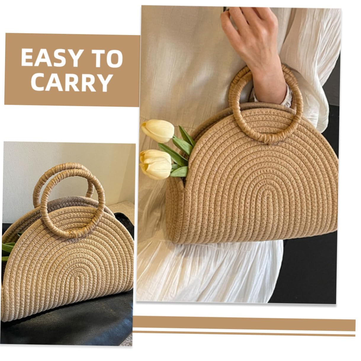 VILLCASE Borsa Intrecciata in Corda di Cotone per Donna, Grande Capacità, Stile Rustico, per Spiaggia e Picnic, Design Delicato e Resistente