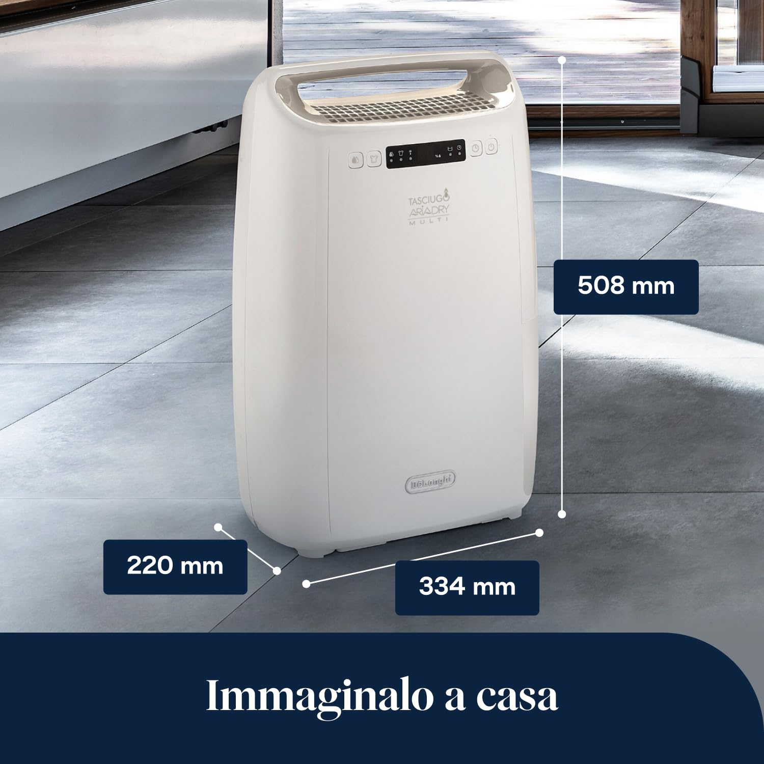 De’Longhi Tasciugo AriaDry Multi - Deumidificatore Casa Portatile, Sistema di Filtrazione a 3 Azioni, Assorbi Umidità 14L/Giorno, Asciugabiancheria, Antimuffa, Bassa Rumorosità, Bianco (DEXD214RF)