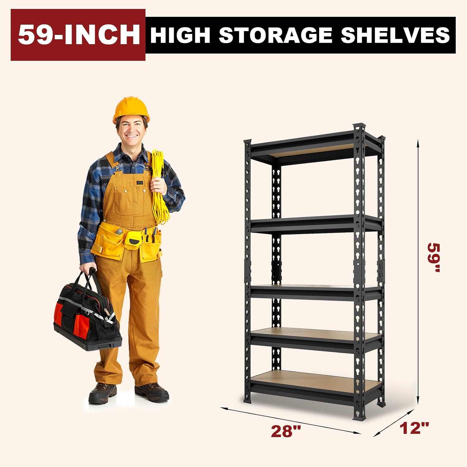 5 Tier Heavy Duty Garage Storage Shelving: Adjustable Metal Utility Shelving Rack for Basement, Pantry, Closet, Garage Storage Organization - 2,000lb Capacity (59"x28"x12")