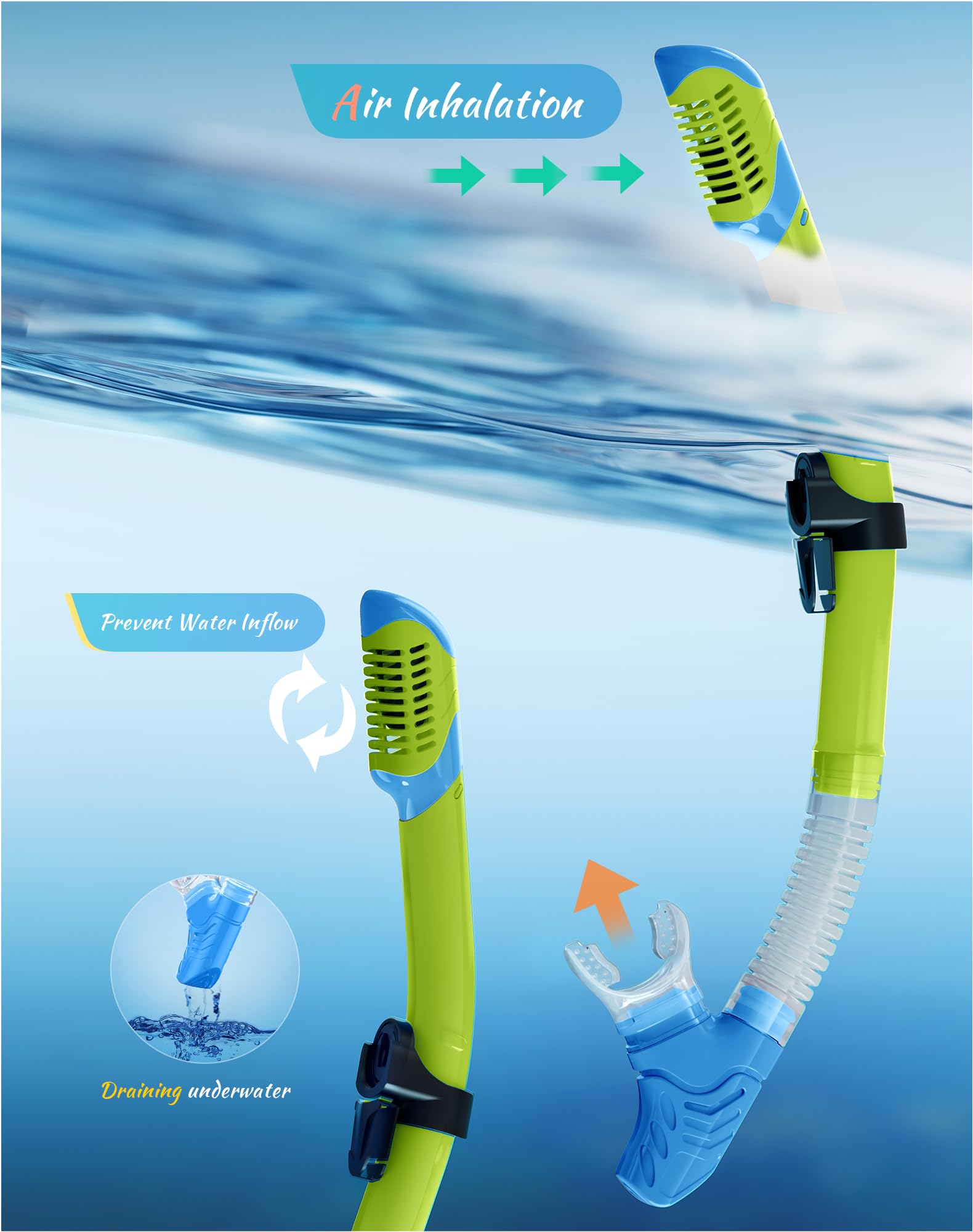Attrezzatura da snorkeling per bambini dai 6 ai 14 anni, maschera da snorkeling panoramica a 180° per bambini che respirano liberamente per lo snorkeling, blu e giallo