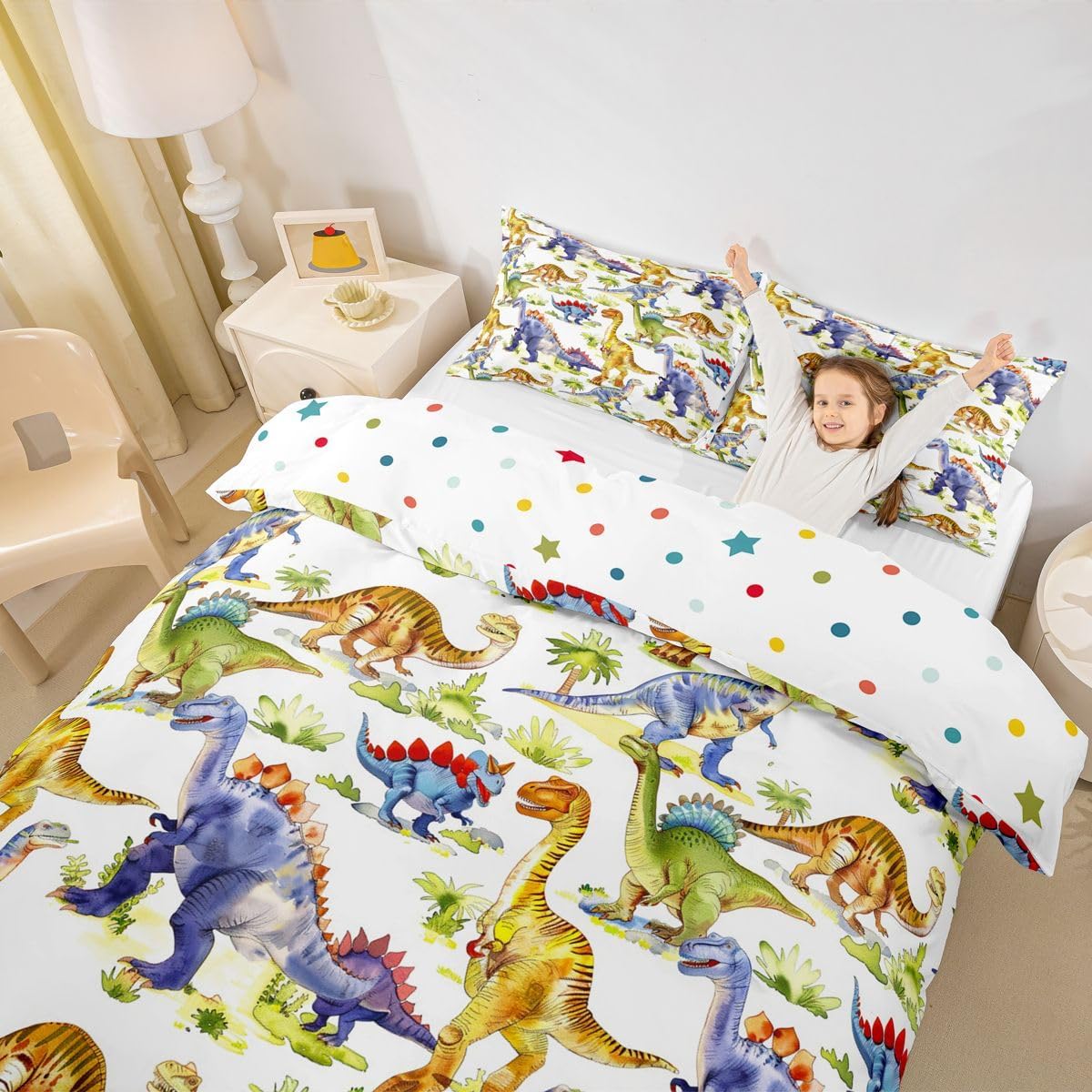 Dinosaur Comforter Cover Colourful Dinos Bedding Sets for Kids Girls Lovely Cute Animals Comforter Kawaii Cartoon Duvet Cover Child Room Decor with 1 Duvet Cover and 2 Pillow Cases Queen,Yellow