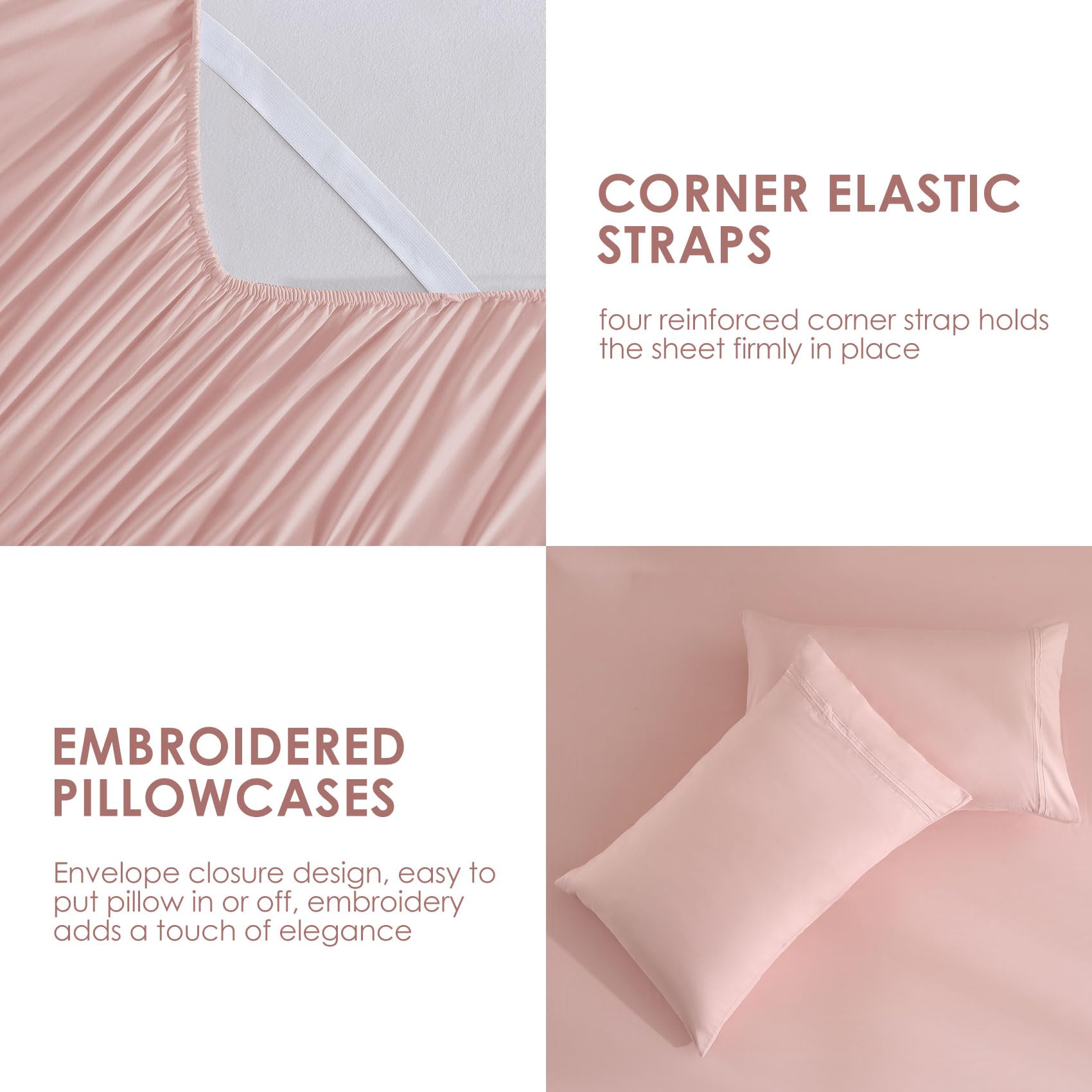 CUDUCA-Dusty Pink Queen Sheet Set With Side Pocket Corner Straps 4 Piece Soft Microfiber Bed Sheets Extra Deep Pocket